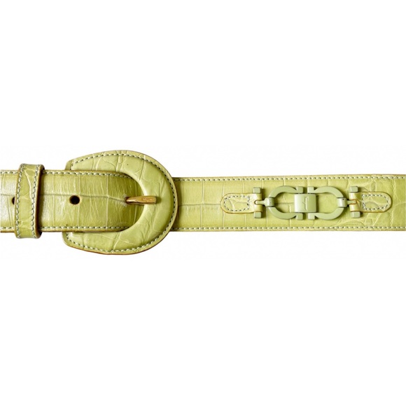 Salvatore Ferragamo Accessories - Salvatore Ferragamo lime green croc embossed leather tonal Gancini belt